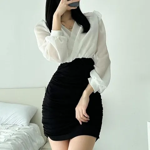 [다잇템][다잇템] 여자 쉬폰시스루 스페이스룩 잔주름 글램핏 미