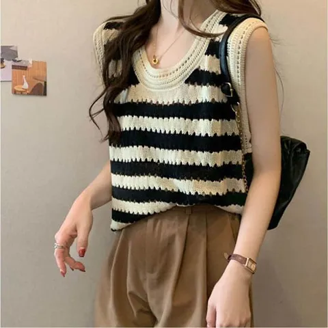 니트 민소매 여름 레이어드 조끼 단가라 펀칭 U넥