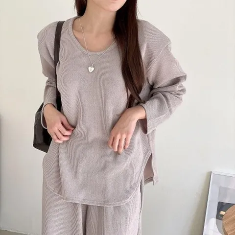 [다잇템][다잇템] 여자 어깨패드 롱슬리브티 셋업 골지밴딩팬츠