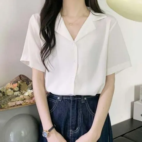 여성 심플 추천 반팔 블라우스 꾸안꾸 여자 카라넥 셔