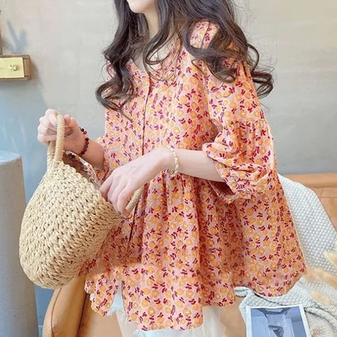 블라우스 오렌지 루즈핏 여름 클래식 면 예쁜