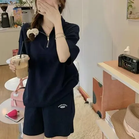 여성 여름 하프 집업 반팔티 반바지 상하의세트 여자 트레이닝복 상하세트