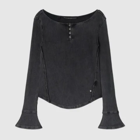 [ AK백화점 ][게스] 여성_플레어 소매 워싱 골지 긴팔티 (YP3K2412)