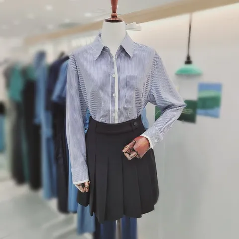 [비지트인뉴욕]배색 넥카라 스트라이프 셔츠블라우스 VB9LS72_US