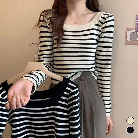 스퀘어 단가라 캐주얼 넥 스트라이프 니트