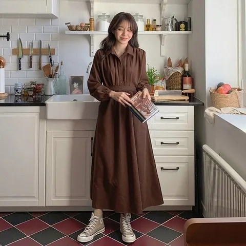 여성 겨울 허리끈 골덴 셔츠 카라 롱 원피스 코듀로이 하객룩 하객원피스 OP0439S