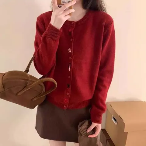 여성 라운드 넥 봄 가을 꽃 자수 니트 가디건 레드
