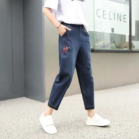 레트로 여자 청바지 여름 자수 배기 데님 팬츠