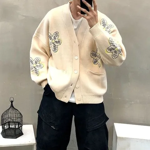 맨스토리 / 박스 핸들 체인 플라워 자수 남자 봄 가디건