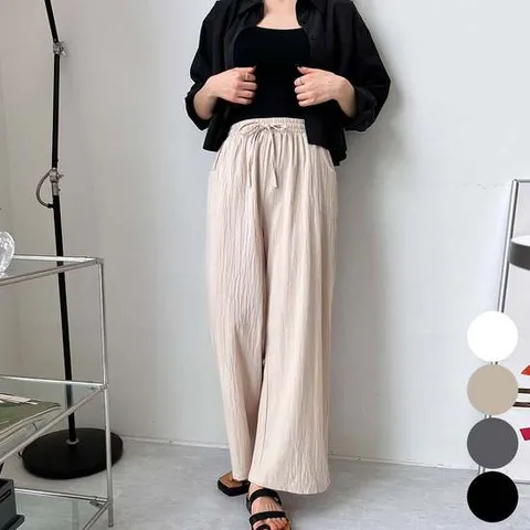 여성 여름 일자 주름 린넨 통바지 밴딩 와이드 팬츠