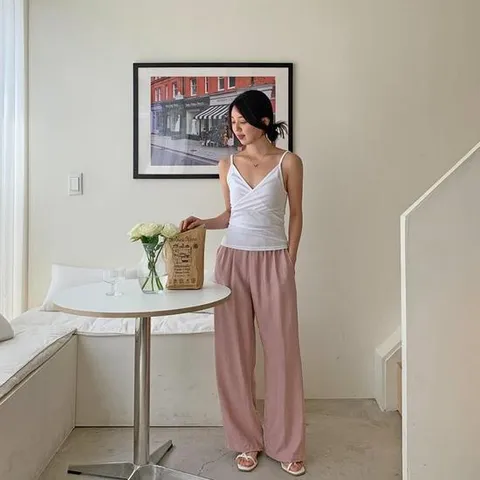 여성용 일상 레이온 린넨 와이드 바지