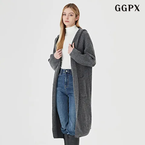 [ 롯데백화점 ]GGPX 루즈핏 후드넥 포켓 오픈 롱 울 니트 가디건 (GODCK018D)