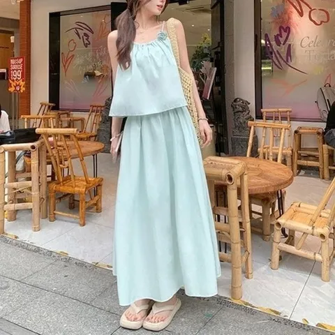 [엄지척]여성 끈나시 블라우스 와이드 밴딩 스커트 세트_1955728