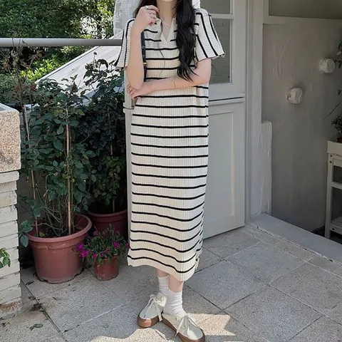 브이넥 카라 단가라 루즈핏 베이지 캐주얼 롱 원피스