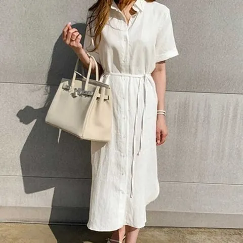 30대 여자30대원피스 린넨반팔원피스 체형 커버 롱셔