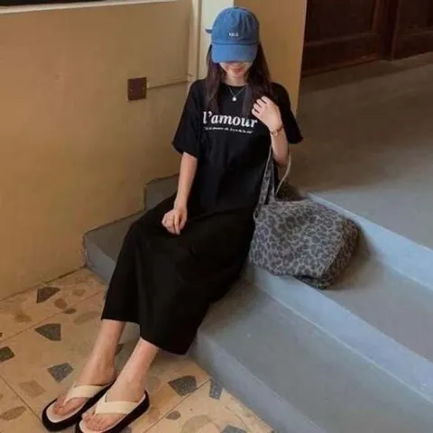 레터링원피스 반팔 밑단트임 롱원피스 롱 기장