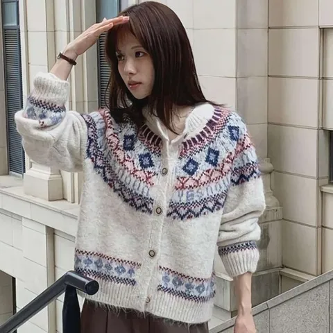 여성 노르딕 루즈핏 쟈가드 울 니트 가디건