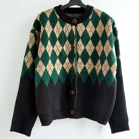 여성 그린 핏 예쁜 도톰 루즈 니트 가디건 아가일