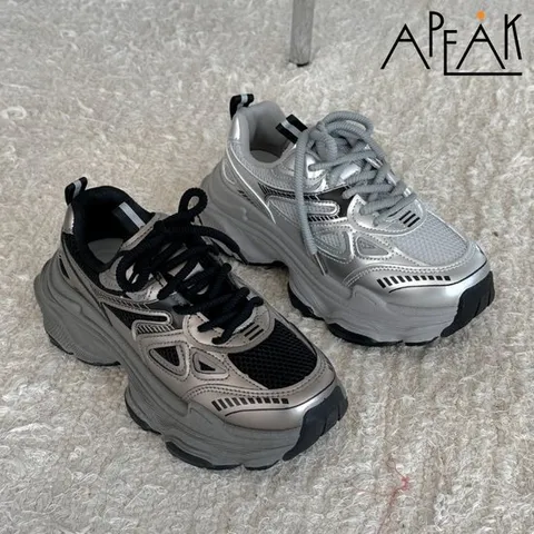 메탈릭 청키 어글리슈즈 여성 스니커즈 6CM 키높이운동화 실버/블랙 2종택1