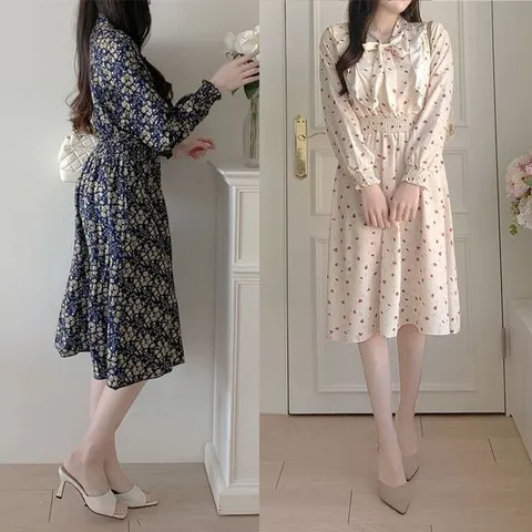 여자 꽃무늬 원피스 쉬폰 프릴 러플 플라워 롱 드레스