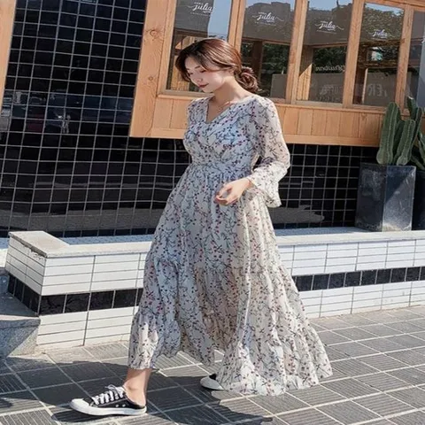 2컬러 여성플라워롱원피스 쉬폰원피스 쉬폰롱원피스