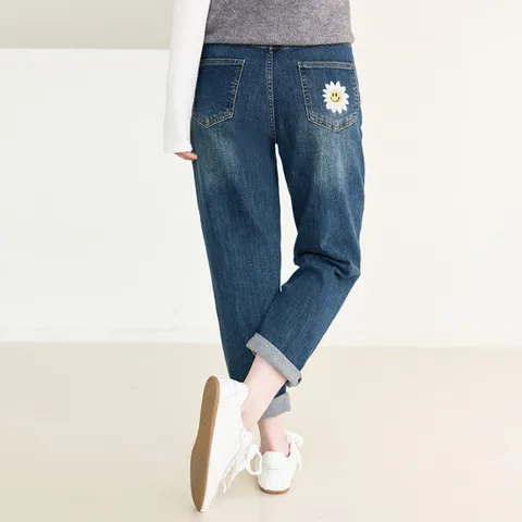 플라워 자수 스판 배기 데님팬츠