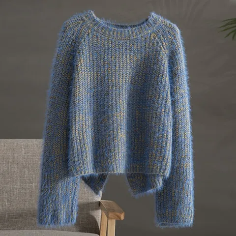 (귈림) 블루 배색 앙고라 크롭 니트(G5WKN013P)