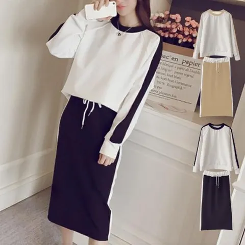 [다잇템]여성 맨투맨 치마 U넥 운동 롱 콘트라스트 세트