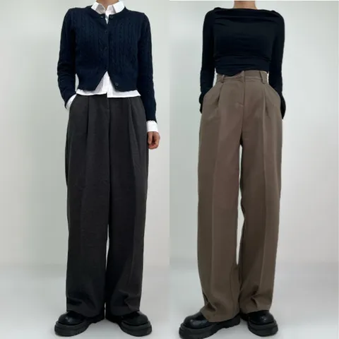 *한파대비*~2XL[기장선택/윈터모직]베커 겨울기모 와이드슬랙스 핀턱 하이웨스트 뒷밴딩 키큰녀 키작녀 빅사이즈 오피스룩 연말룩 데일리룩 출근룩