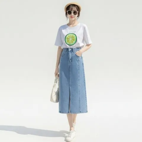 데님 롱 스커트 앞트임