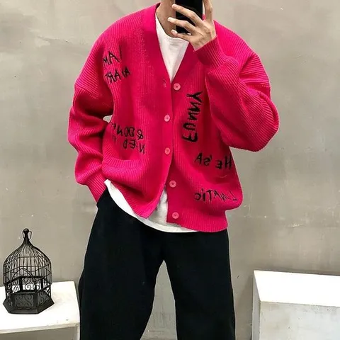 맨스토리 / 박스 골지 스케치 자수 레터링 남자 봄 가디건