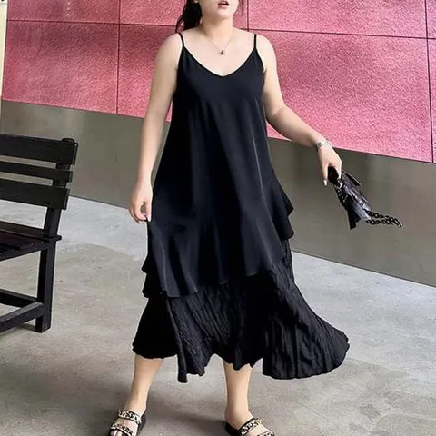 G126933_(빅사이즈) 2단캉캉 어깨끈 민소매 롱원피스