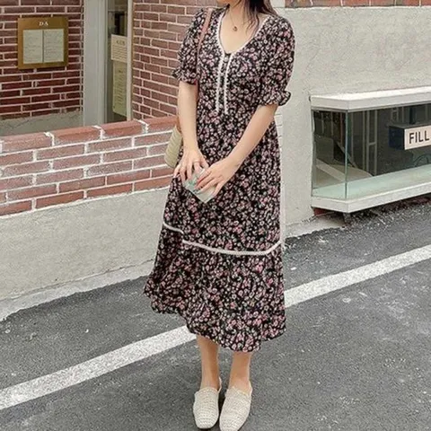 패턴 플라워 추천 여성 봄 꾸안꾸 쉬폰 롱원피스 허리