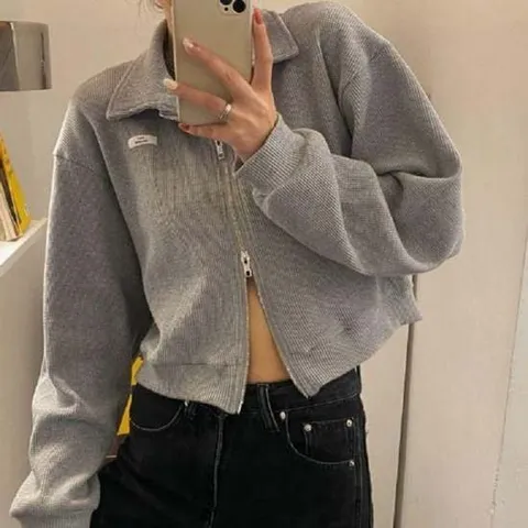 여자 와플 데일리 지퍼 패턴 클래식 자금 캐주얼 카라