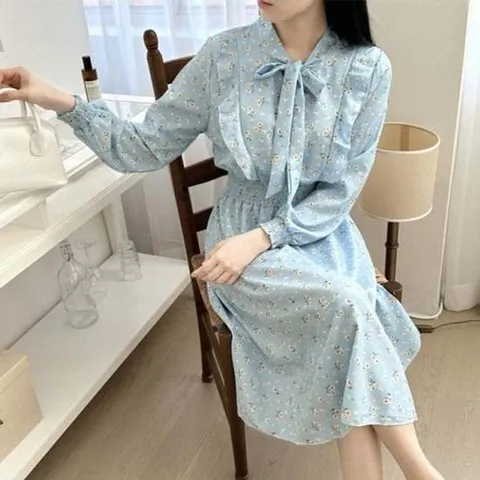 꽃무늬 여성 캐주얼 원피스 리본 필수템 프릴 쉬폰 롱