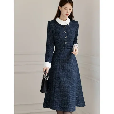 [시크라인](~XXL까지) 제몬 셔츠 레이어드 트위드 벨트 원피스 겨울 하객룩 오피스룩 모임룩 격식룩 연