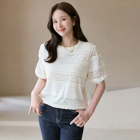 [스타일온미]크레비 레이스 레이어드 썸머 블라우스 티셔츠