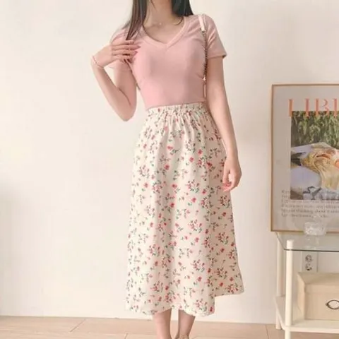 밴딩 베이직 A라인 치마 여성 올데이 꽃무늬 쉬폰 플