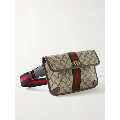 25 FW 구찌 Beige Ophidia Leather and Webbing Trimmed Monogrammed Coated Canvas Belt Bag   beige   One Size TP567400722