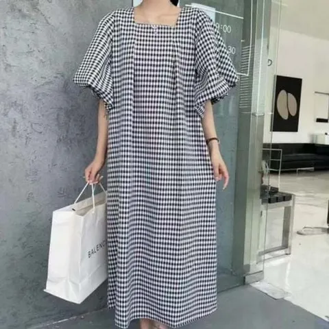 여름 베이직 여성 체크 반팔 올데이 루즈 오버 핏 롱