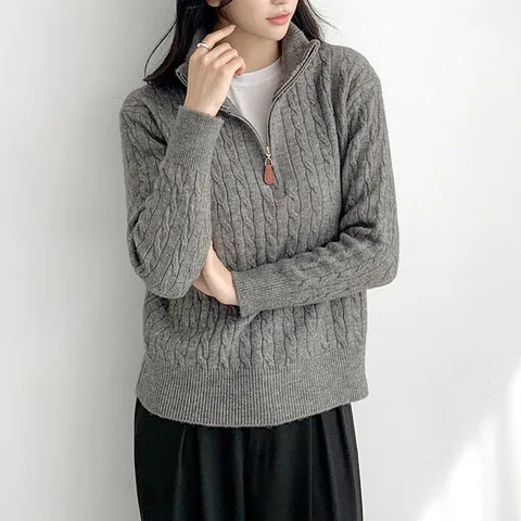 [옷자락]여자 반집업 꽈배기 데일리룩 베이직핏 빨간색 니트