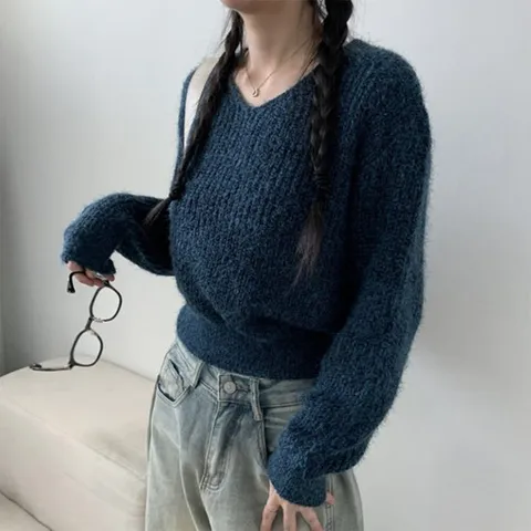 [옷자락]여자 겨울 솔잎 브이넥 크롭 퍼프 부클 긴팔 니트