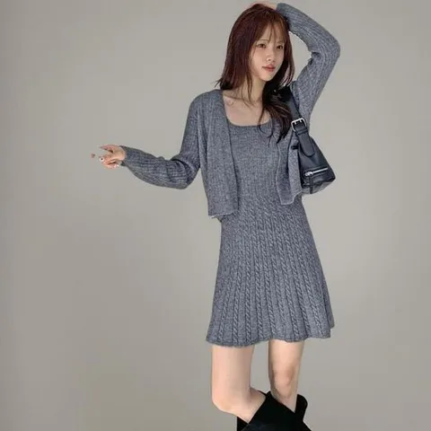 [미라클세븐]여성 민소매 플레어 원피스와 가디건 세트, 꽈배기