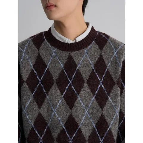 (455Y51LY6Z) [에잇세컨즈] 캐주얼 아가일 라운드 니트  와인