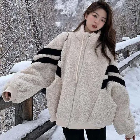 여성 소매 투톤 하프넥 양털 뽀글이 집업 점퍼 아우터