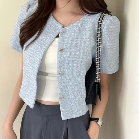 여성 반팔 트위드 크롭 자켓 세련된 여름 아우터