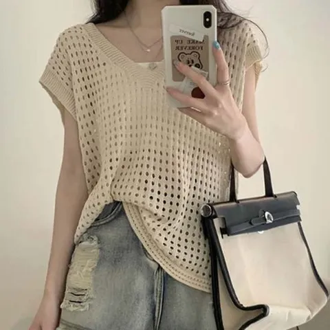 여름니트커버업 여성 V넥 펀칭 레이어드 니트 조끼 1P 커버업 베스트