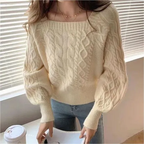 여성 꽈배기 니트 크롭 케이블 스퀘어넥 벌룬소매 스웨터 7컬러 슬림티셔츠