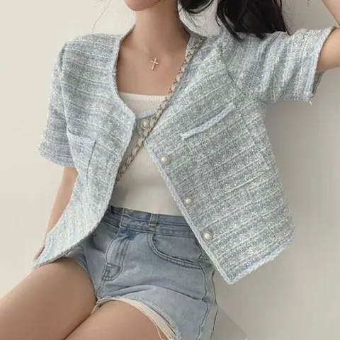 은창)진주 버튼 트위드 크롭 반팔 자켓 점퍼 잠바 여름 비치 봄 가을 아우터 여성 하객룩