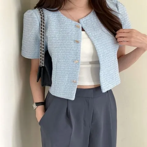 여성 2컬러 세미크롭 페미닌룩 여름 반팔 트위드자켓